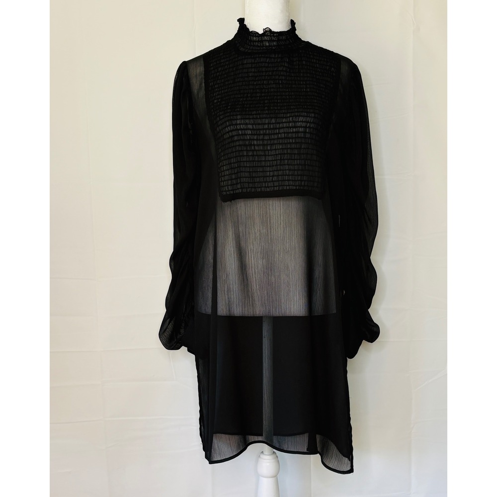 Zara Basic Tunic Blouse Sheer Smocked Whimsigoth Dark Fairy Coquette Black Med